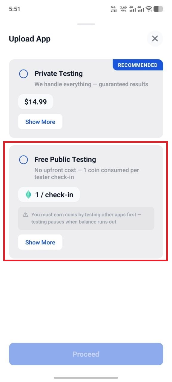 TesterBee testing method selection — choose Free Public Testing (1 coin per check-in) or Private Testing ($14.99)