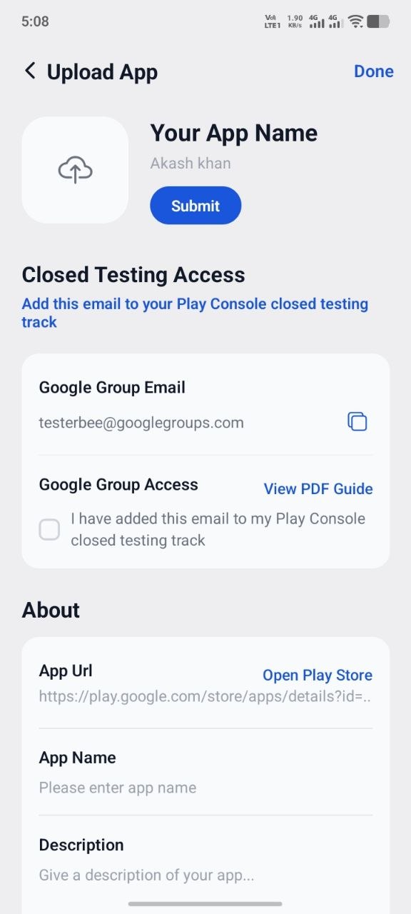 TesterBee app upload form — enter your app name, Google Play URL, description, and add the testerbee@googlegroups.com email for closed testing access