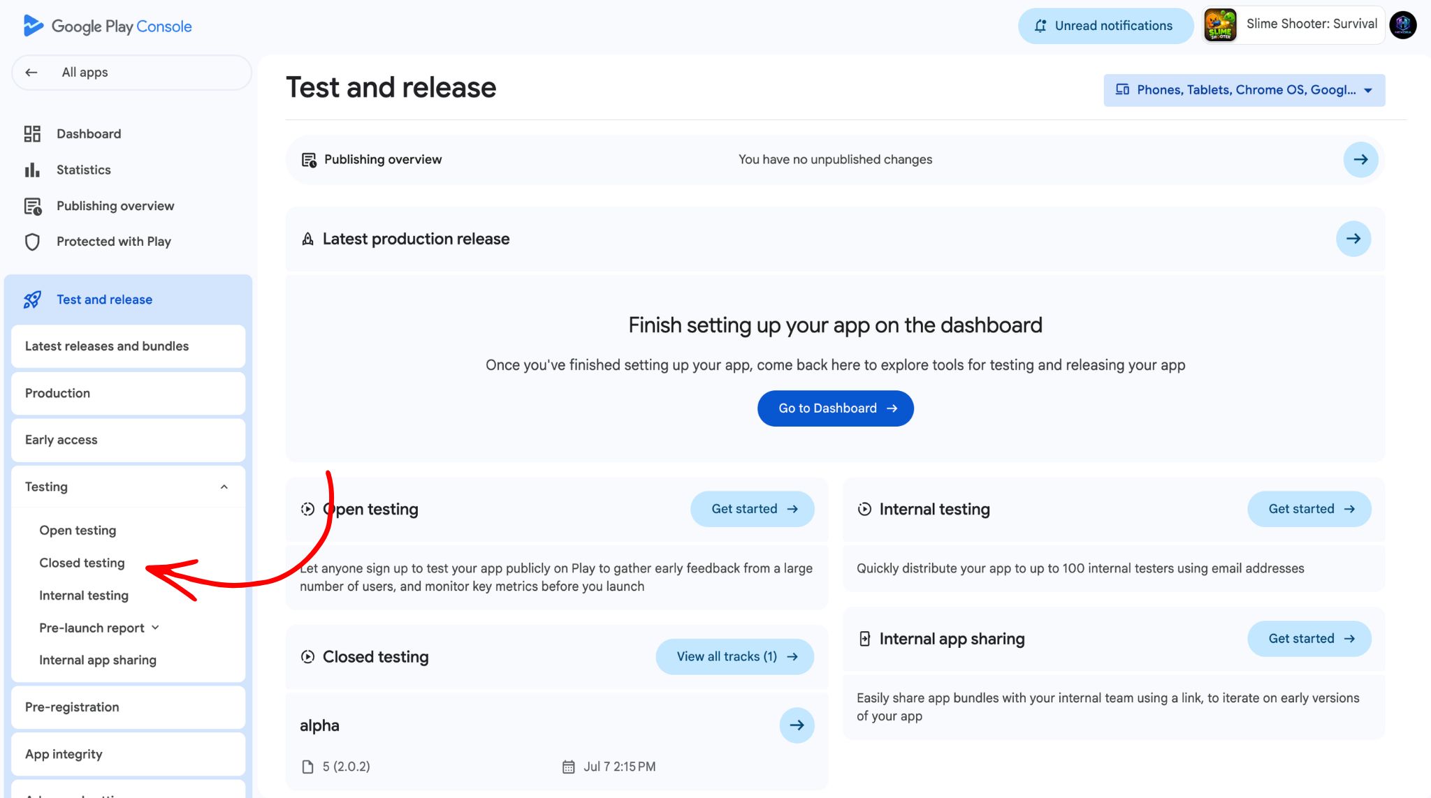 Google Play Console Testing menu showing the path: Testing then Closed testing to create or manage a closed testing track
