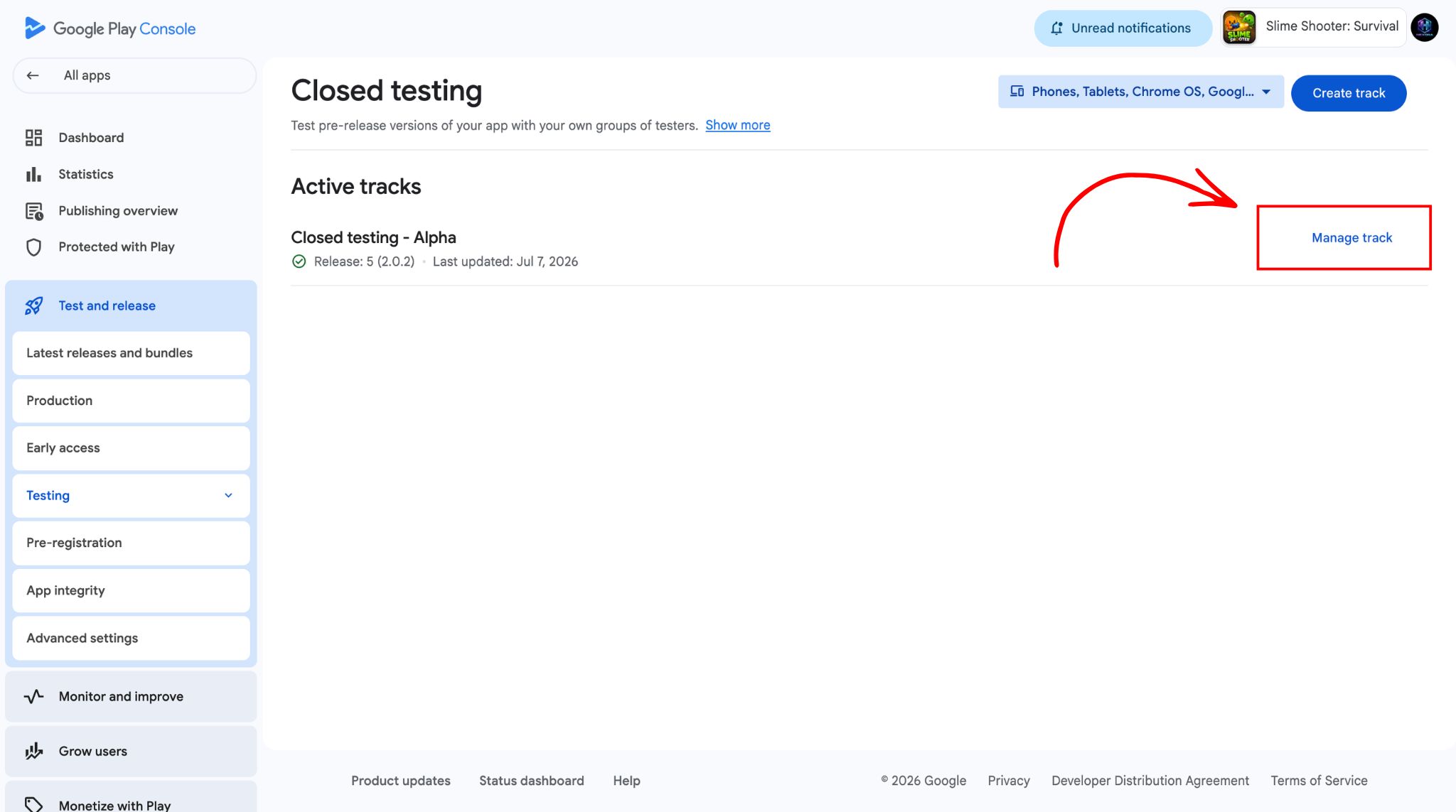 Google Play Console Closed testing Manage Track view showing the testers, countries, and publishing overview tabs