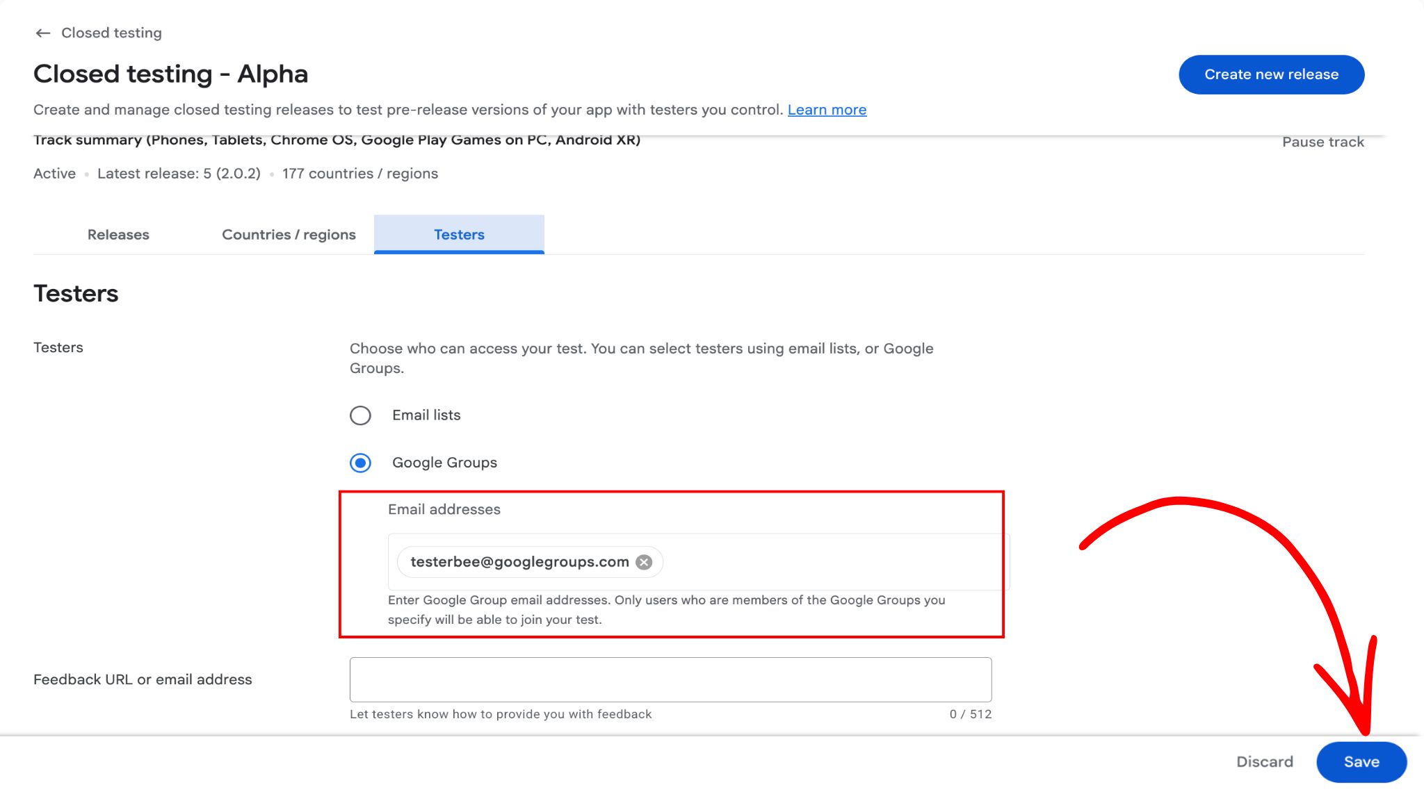 Google Play Console Closed Testing Testers tab showing Google Groups selected with testerbee@googlegroups.com entered in the email field
