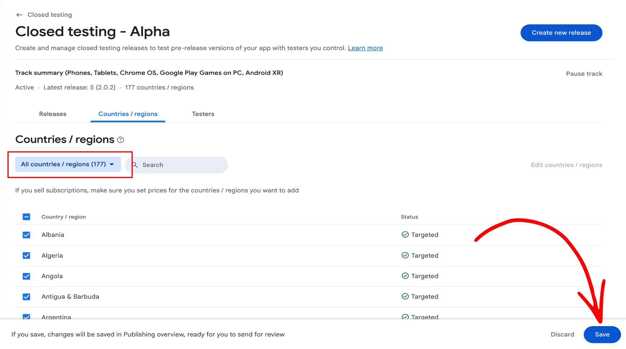 Google Play Console Countries/regions tab showing All countries selected for closed testing availability