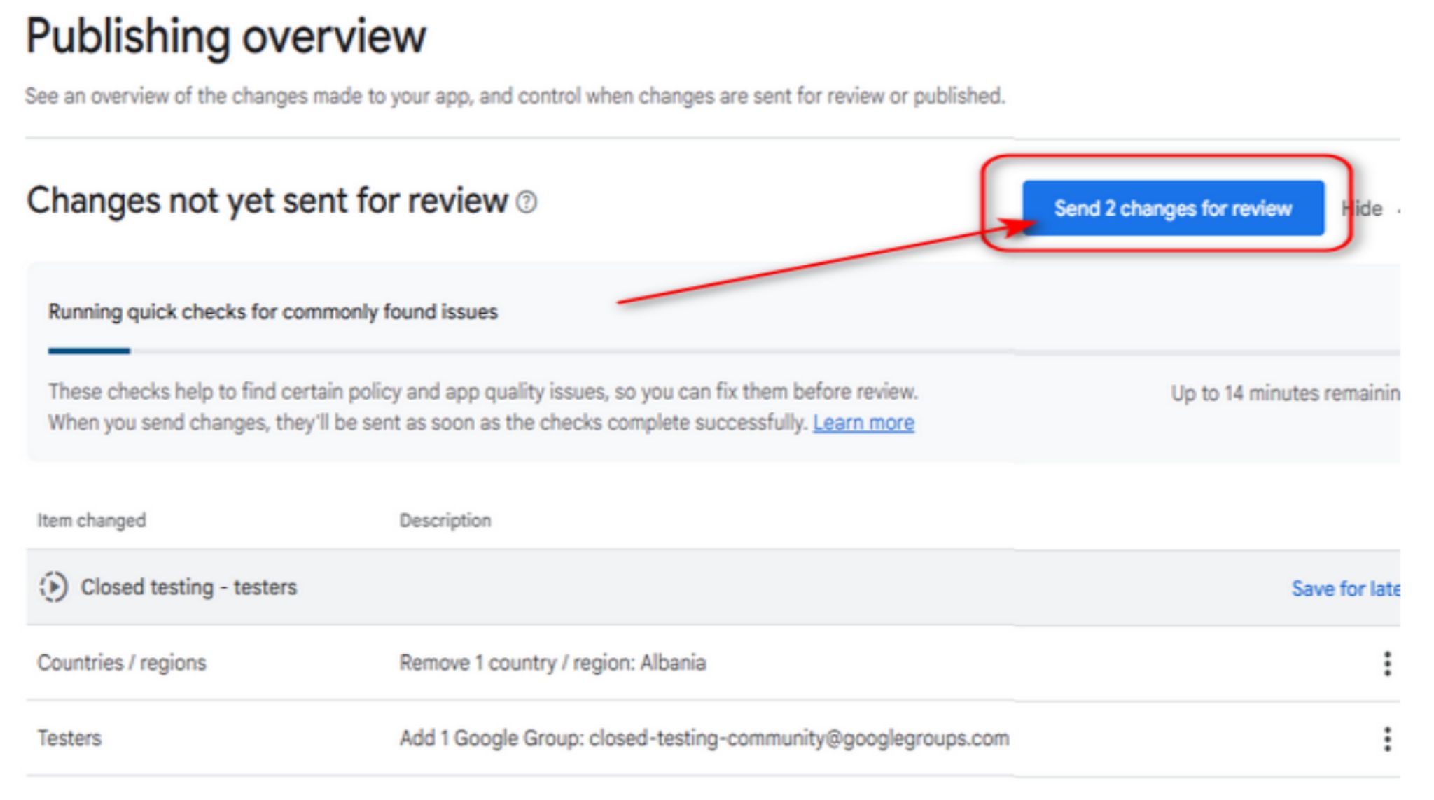 Google Play Console Publishing overview page showing the Send changes for review button to finalize closed testing setup