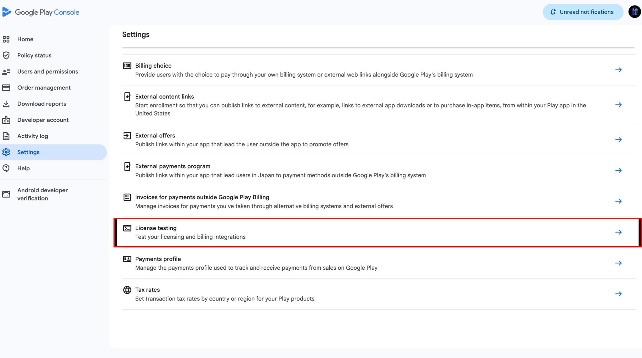 Google Play Console License testing settings page showing the license tester configuration form